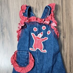 Vintage Handmade Charming Baby Denim Overalls with Red Clown Design